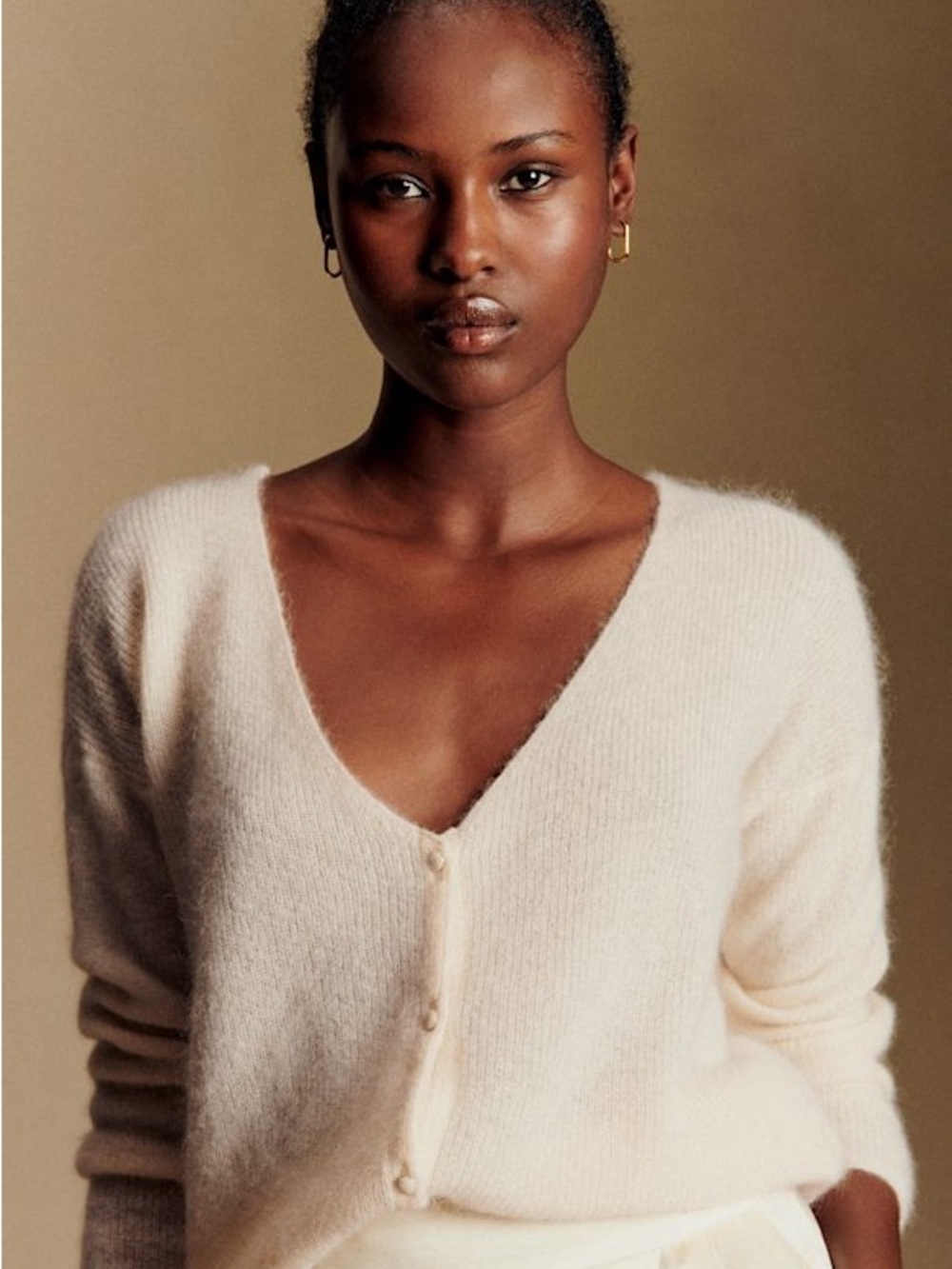 Sezane Barry Soft Cream V-Neck Button Cardigan Sweater